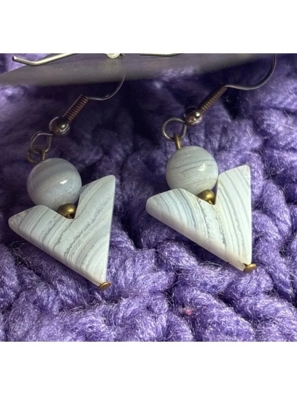 Blue Lace Agate Stone Dangle Earrings Silvertone Hooks 1 inch